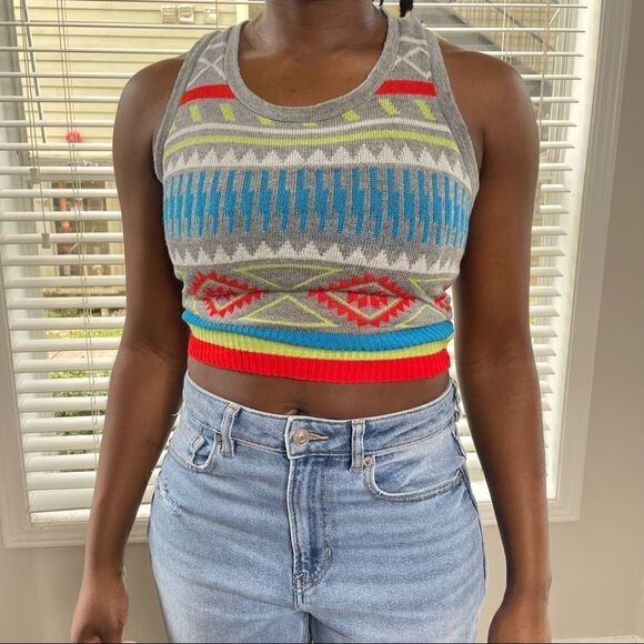 2/$20 DEREK HEART Cropped Aztec Striped Sweater Knit Tank vest - Picture 2 of 13